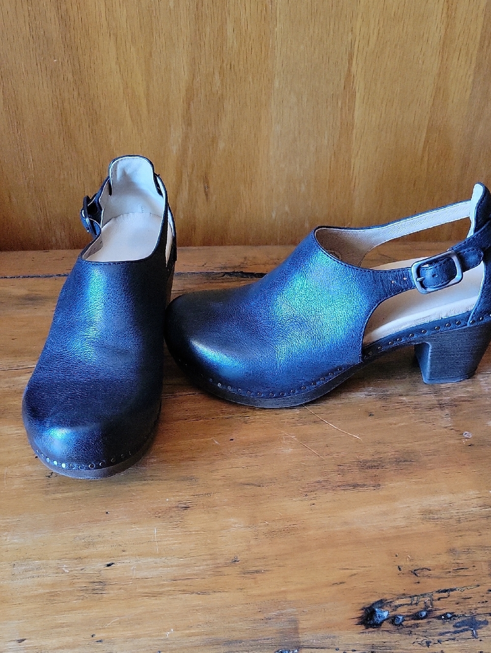 Dansko Black Leather Studded Slingback Platform Heels